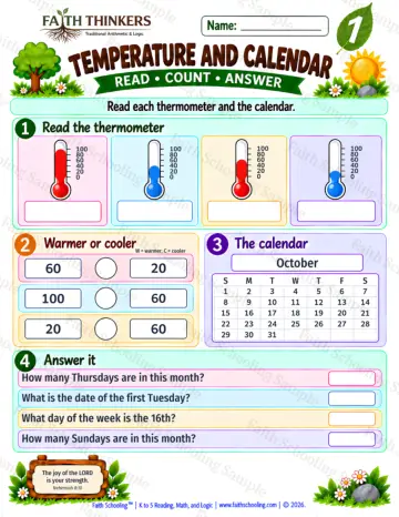 1st Grade math worksheet — Calendar and Temperature Practice 5