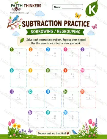 Kindergarten math worksheet — Spring Subtraction Practice 4