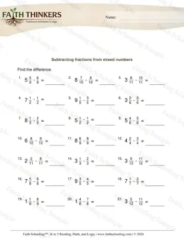 3rd Grade math worksheet — Subtracting Fractions from Mixed Numbers 9