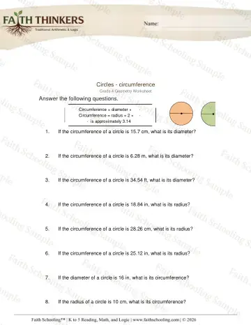 4th Grade math worksheet — Geometry Circles Circumference 2