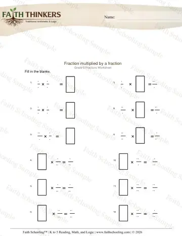 5th Grade math worksheet — Fractions Multiply Missing Number 3