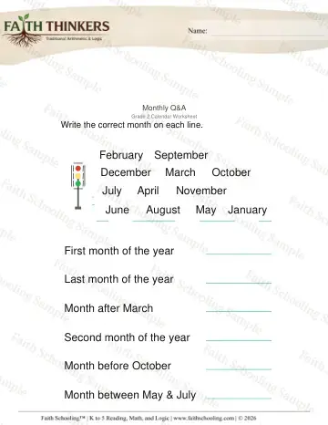 2nd Grade math worksheet — Calendar and Seasons. Months of Year Questions 1