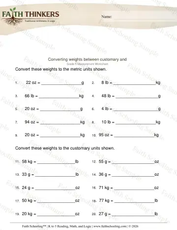 5th Grade math worksheet — Mass and Weight. Converting Weights Customary Metric 3