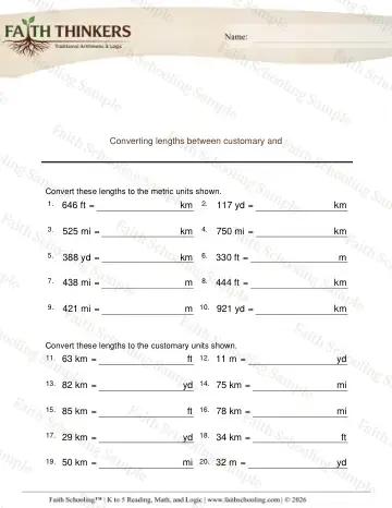 5th Grade math worksheet — Length and Distance. Converting Lengths Customary Metric Long 6