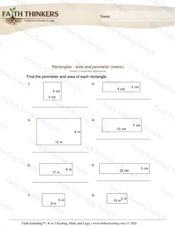 4th Grade math worksheet — Geometry Rectangles Area Perimeter 6