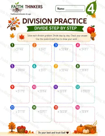 4th Grade math worksheet — Fall Division Practice 8