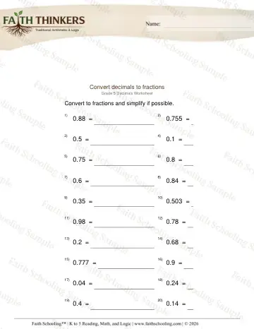 5th Grade math worksheet — Converting Fractions and Decimals. Decimals to Fractions 4