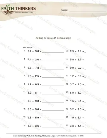 4th Grade math worksheet — Adding Decimals 1 Digit 4