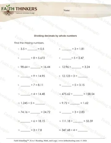 5th Grade math worksheet — Dividing Decimals 2d by Whole Number Missing 3