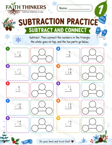 1st Grade math worksheet — Winter Subtract And Connect Practice 8