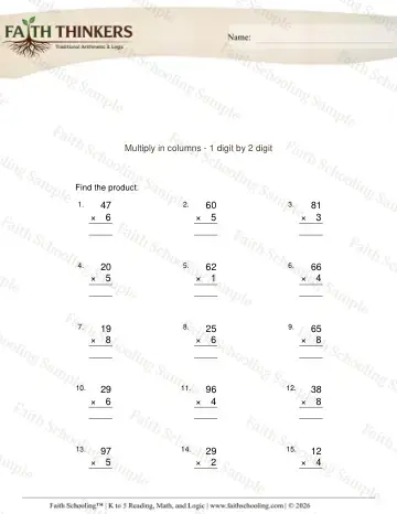 3rd Grade math worksheet — Multi-Digit Multiplication. Multiply Columns 1 Digit 2 Digit 6