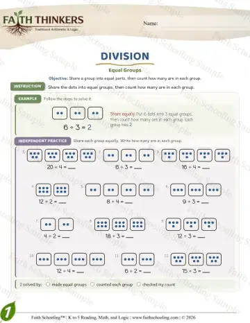 1st Grade math worksheet — Division as Equal Groups. Long Division (Practice 5)