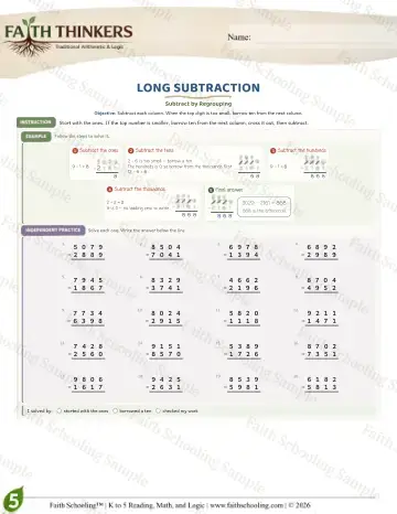 5th Grade math worksheet — Subtraction with Regrouping. Long Subtraction (Practice 5)