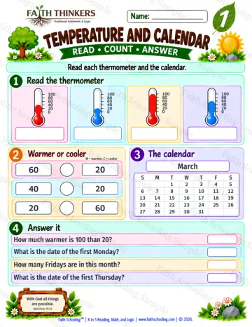1st Grade math worksheet — Calendar and Temperature Practice 8