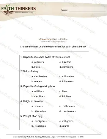 4th Grade math worksheet — Measurement Units Mixed 4