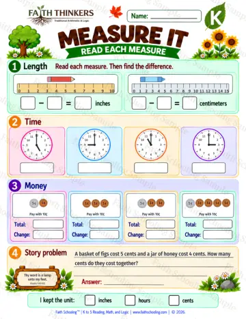 Kindergarten math worksheet — Money and Measurement Practice 5