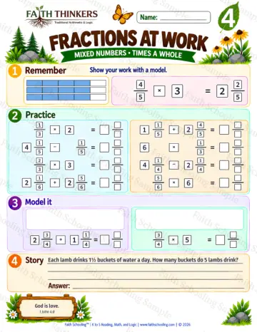 4th Grade math worksheet — Mixed Number Operations and Fraction Multiplication Practice 8