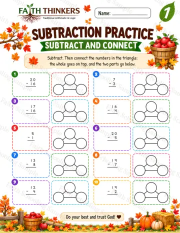 1st Grade math worksheet — Fall Subtract And Connect Practice 5