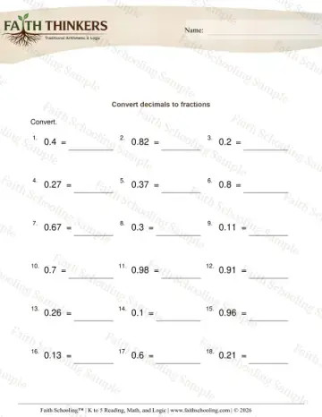 4th Grade math worksheet — Converting Decimals and Fractions. Decimals to Fractions 7