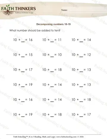 1st Grade math worksheet — Decompose Numbers Teens 6