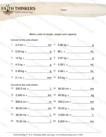 4th Grade math worksheet — Convert Metric Units Length Weight Capacity 7