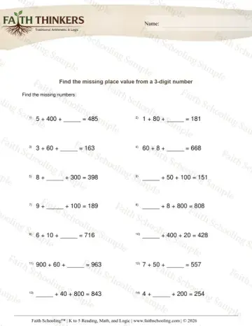2nd Grade math worksheet — Find Missing Place Value from 3 Digit Number 5