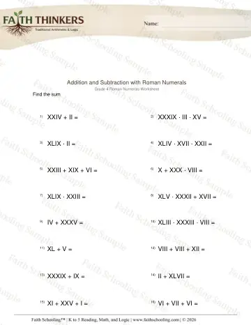 4th Grade math worksheet — Roman Numerals Add Subtract 3