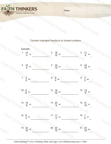 4th Grade math worksheet — Improper Fractions to Mixed Numbers 4