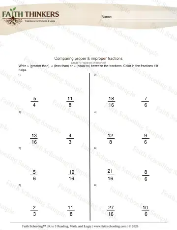 4th Grade math worksheet — Comparing Proper and Improper Fractions 4