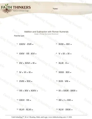 3rd Grade math worksheet — Roman Numerals Add Subtract 4