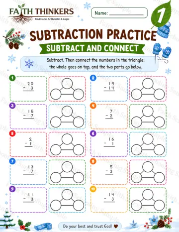 1st Grade math worksheet — Winter Subtract And Connect Practice 7