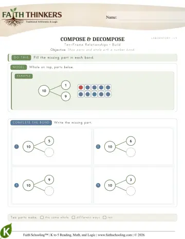 Kindergarten Math: Ten Frame Relationships — worksheet preview