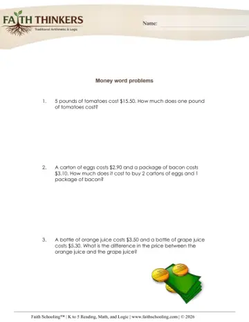 Grade 4 Math: Money Word — worksheet preview