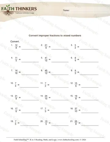 3rd Grade math worksheet — Improper Fractions to Mixed Numbers 6