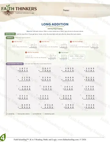 4th Grade math worksheet — Addition with Regrouping. Long Addition (Practice 4)