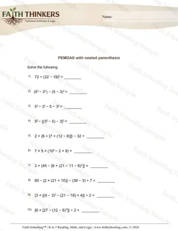 5th Grade math worksheet — Order of Operations with Nested Parentheses. PEMDAS Nested Parenthesis 6