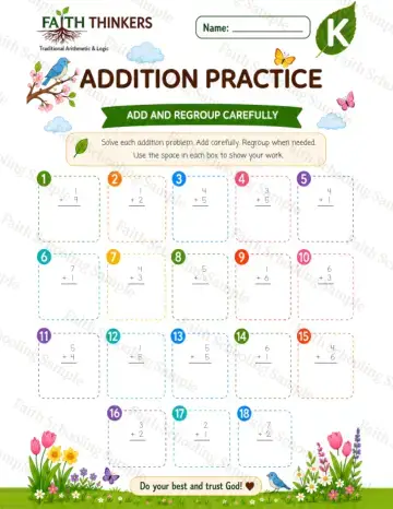 Kindergarten math worksheet — Spring Addition Practice 5