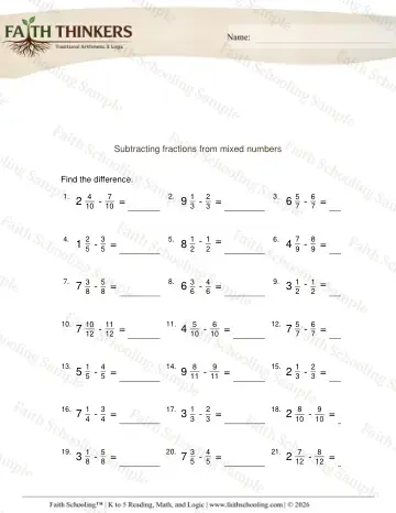 3rd Grade math worksheet — Subtracting Fractions from Mixed Numbers 2