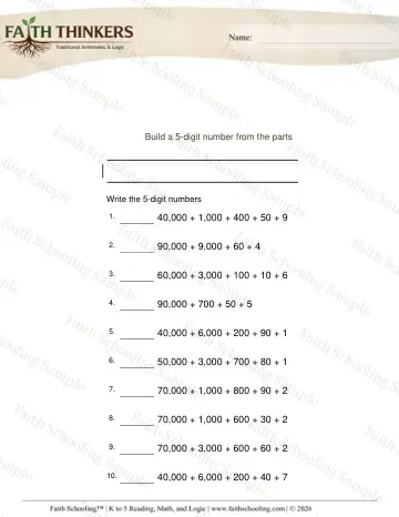 5th Grade math worksheet — Place Value 5 Digit 3