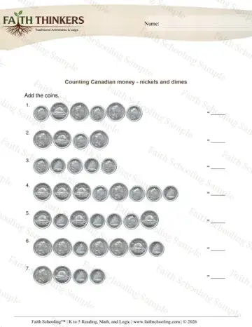 2nd Grade math worksheet — Counting Money Canadian Nickels Dimes 7