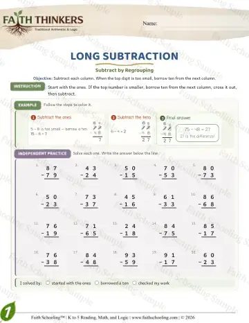 1st Grade math worksheet — Subtraction with Regrouping. Long Subtraction (Practice 6)