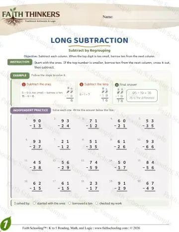 1st Grade math worksheet — Subtraction with Regrouping. Long Subtraction (Practice 8)