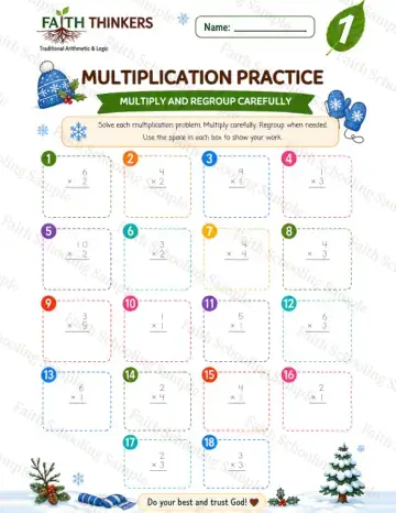 1st Grade math worksheet — Winter Multiplication Practice 6