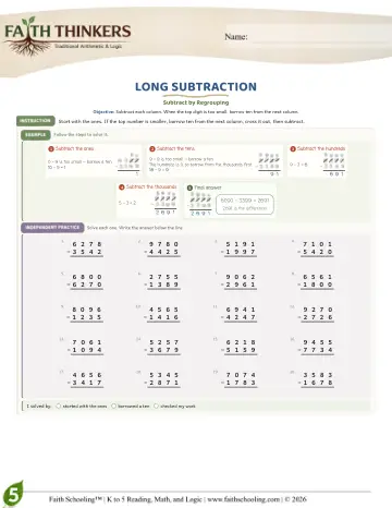 Grade 5 Math: Long Subtraction — worksheet preview