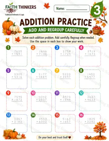 3rd Grade math worksheet — Fall Addition Practice 6