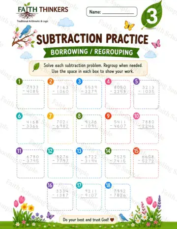 3rd Grade math worksheet — Spring Subtraction Practice 4