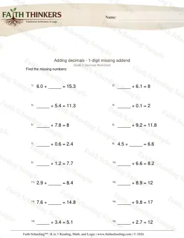 5th Grade math worksheet — Adding Decimals 1 Digit Missing Addend 4