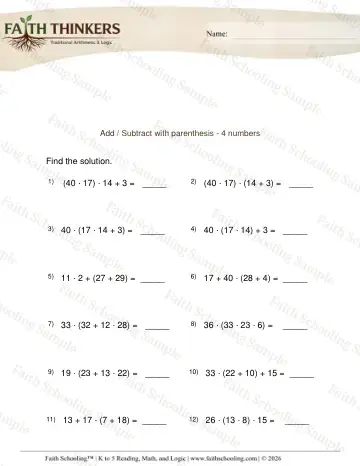 3rd Grade math worksheet — Order Operations Add Sub 4
