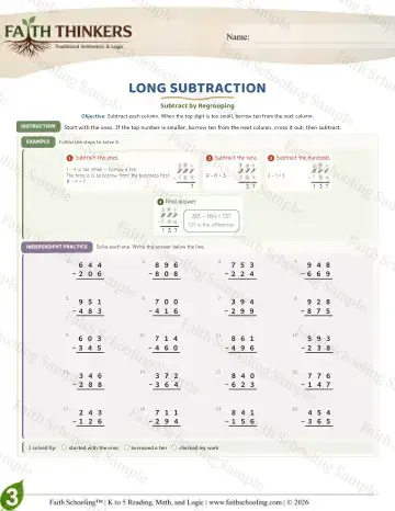 3rd Grade math worksheet — Subtraction with Regrouping. Long Subtraction (Practice 4)