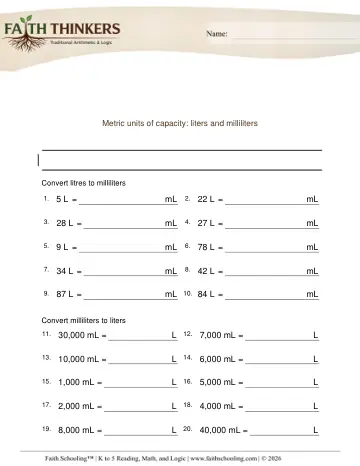 Metric Units Capacity L Ml 1